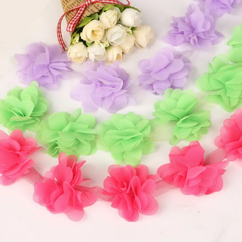 1yard/lot Approx 5cm 3D Chiffon Lace Fabric Flowers Trim Sewing Supplies Dress Decoration Applique Colorful