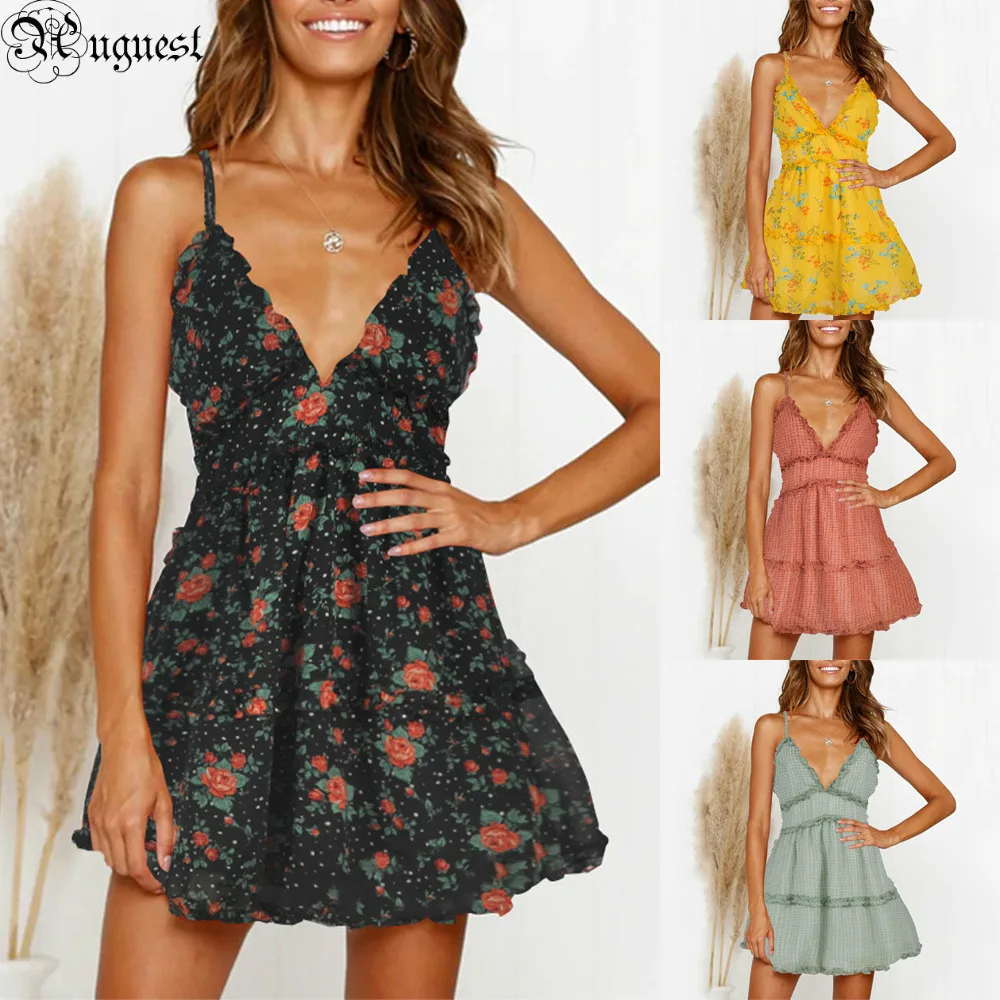 

Uguest 2019 Women Chiffon Summer Dress A-line V-neck Open Back Spaghetti Strap Empire Floral Printed Short Sweet Party Dresses