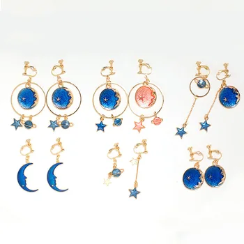 Grace Jun Top Quality Enamel Moon Planet Stars Shape Clip on Earrings Without Piercing for Women Party  Luxury No Hole Earrings