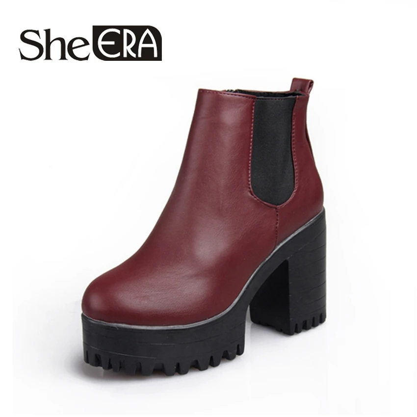 

She Era Women Boots Platforms Square Heel Autumn Winter Ankle Boots Paint Leather Boots Fashion Motorcycle Boots Women Shoes