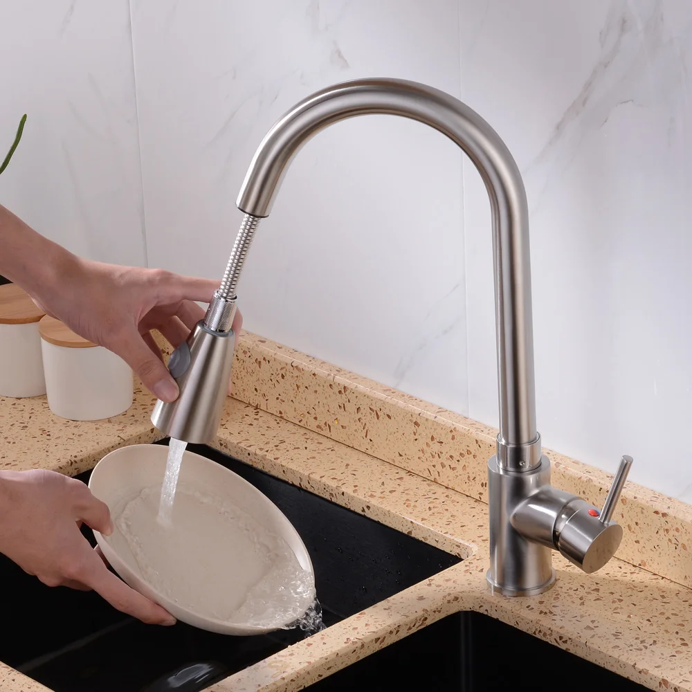  360 Degree Swivel Pull Out Kitchen Faucet Chrome Solid Brass One Handle Mixer Sink Tap Hot and Cold - 32829137989
