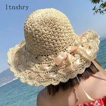 Новые летние шляпы от солнца для женщин кружевные хлопковые мягкие большие модные дизайнерские женские пляжные Складная солнцезащитная Кепка Brimmed соломенная шляпа с бантом