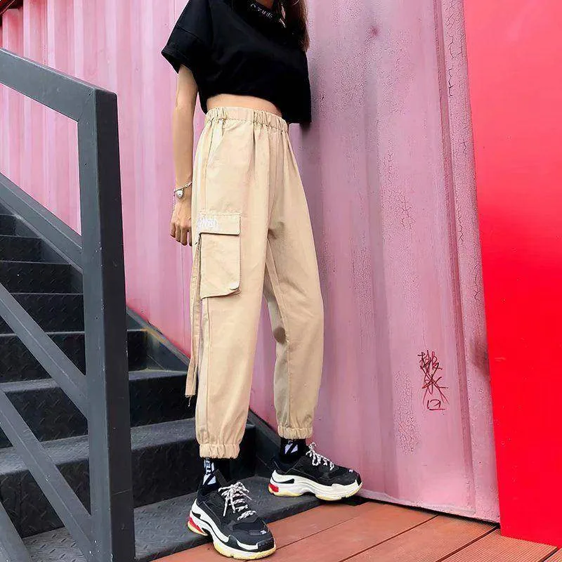 Женские брюки-карго в стиле хип-хоп, женские штаны-шаровары, уличные повседневные штаны, черные летние свободные брюки Харадзюку с боковыми карманами - Цвет: Хаки