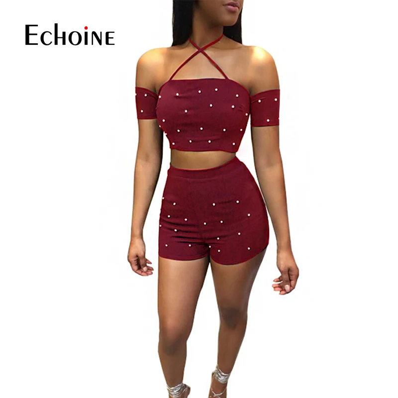 

Sexy Pearls Two Piece Set Women Slash Neck Short Sleeve Off Shoulder Halter Crop Top + Shorts 2 Piece Sets Fashion Club Outfits