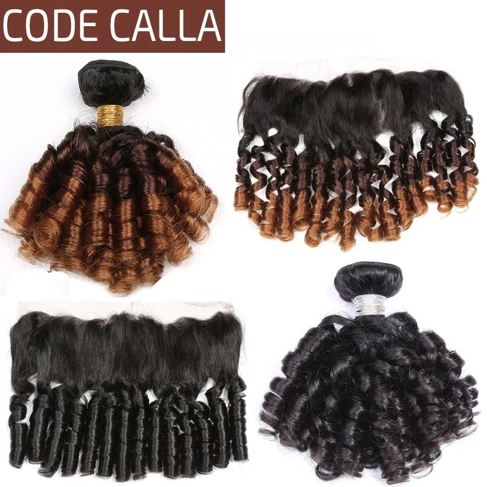 

Code Calla Ombre Brown Color Bouncy Curly Bundles With 13*4 Lace Frontal Free Part Indian Raw Virgin 100% Unprocessed Human Hair