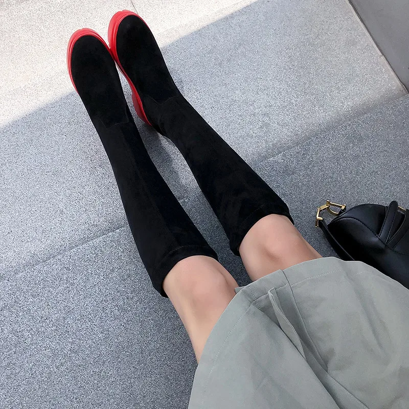 MORAZORA/ г., замшевые сапоги до колена наивысшего качества женская обувь на платформе-танкетке женские растягивающиеся сапоги осень-зима
