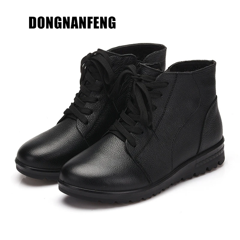 

DONGNANFENG Women Female Old Mother Laides Ankle Shoes Boots Winter Fur Plush Warm Cow Genuine Leather Lace Up 35-41 NY-6699