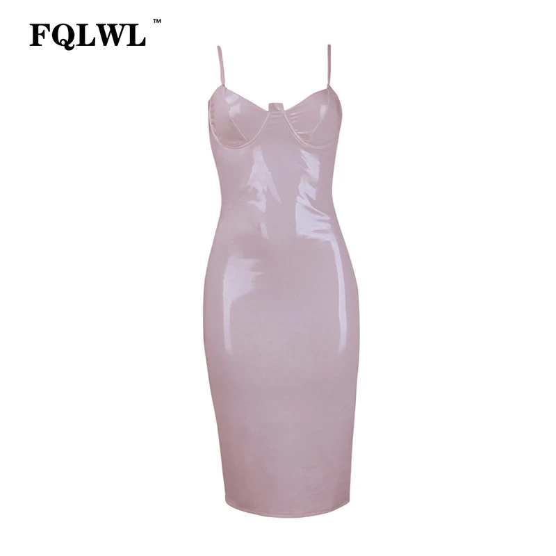 FQLWL платье из искусственной кожи женское летнее платье ПВХ Красный Белый Спагетти ремень спинки миди платье сексуальные женские вечерние Клубные платья