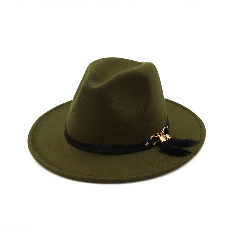 QIUBOSS, унисекс, Pannama, шерстяная фетровая шляпа с перьями, украшение, для мужчин и женщин, с широкими полями, джаз, Панама, шляпа, Chapeau QB29 - Цвет: Армейский зеленый