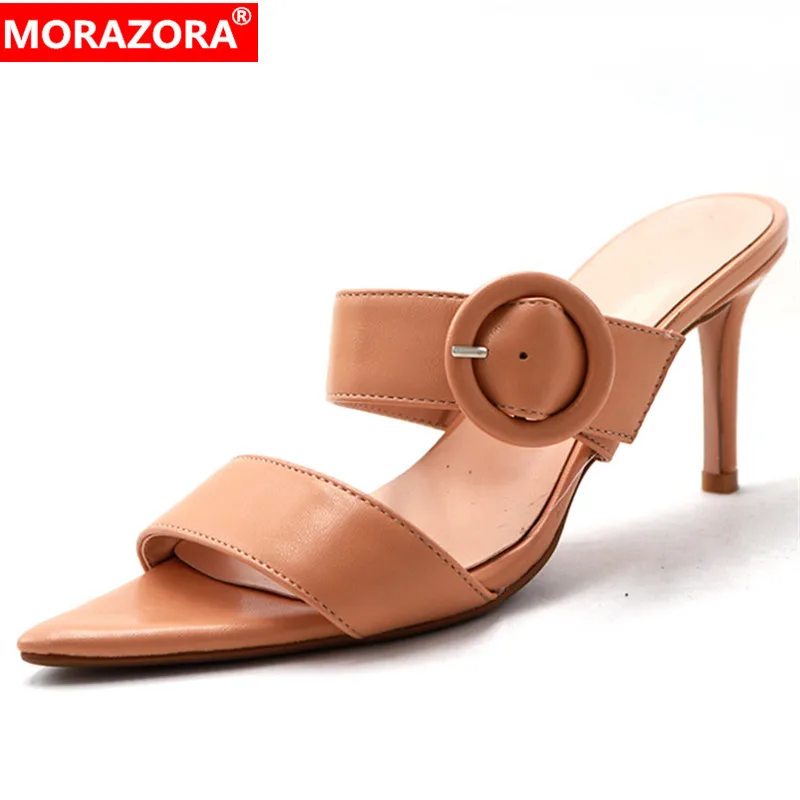

MORAZORA 2019 new fashion sexy thin high heels sandals women pu buckle summer slipper solid colors party dress shoes woman