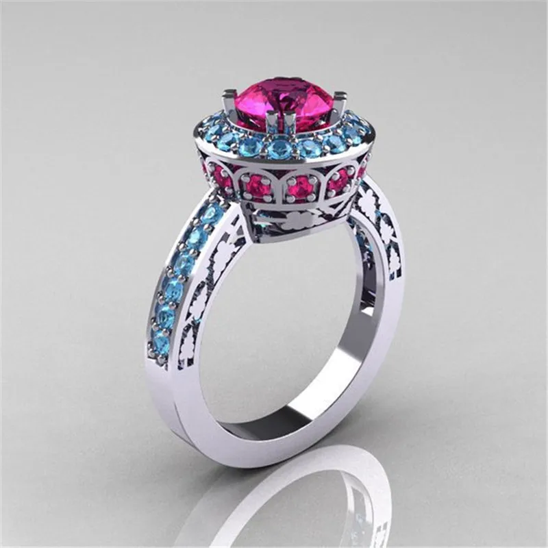 

Modyle 2019 New Silver Color Blue and Red Cubic Zirconia Flower Wedding Engagement Ring for Woman