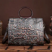 Винтажная дизайнерская женская сумка из натуральной воловьей кожи, Национальный стиль, тисненые сумки через плечо, повседневные женские сумки-тоут