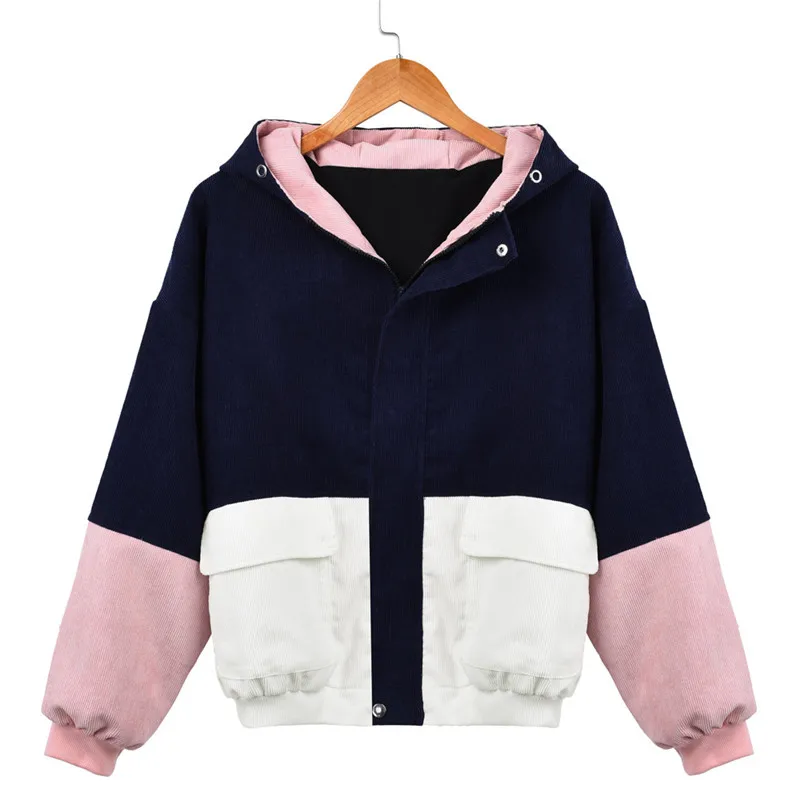wonderful  Winter Down Jacket Women Long Sleeve Corduroy Patchwork Oversize Short Bomber Jacket Windbreaker Co