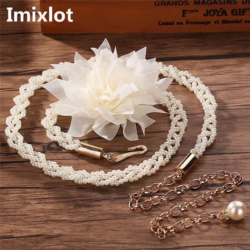 

IMIXLOT Women's Lady Sweet Flower Belt Body Chain 2018 Design Buckle Pearl Chain Belt Waistband Apparel Accessories