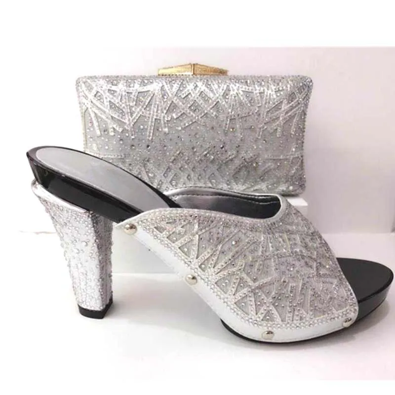 

Bright Silver Fashion Italian Shoes With Matching Bags With Rhinestone African High Heel Women Shoes And Bags Set For Prom Party