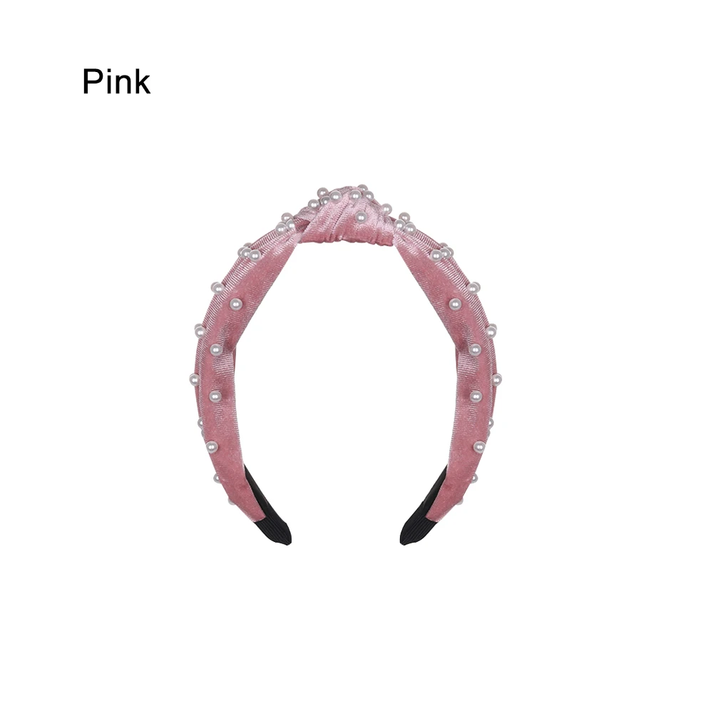 Богемский сплошной цвет мягкий бархат центр вязать широкая повязка с жемчугом обруч на волосы, завязанный бантом аксессуары для волос Инструменты для укладки - Цвет: Pink