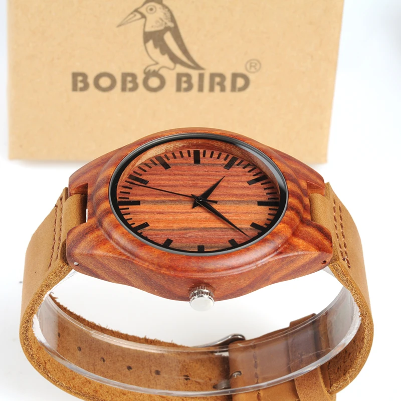 BOBO BIRD Men Watch Top Brand Design Red Wooden Mens Quartz Watches Genuine Leather Band Men's Gift Drop Shipping Accept Logo