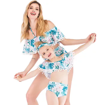 

Bikini 2019 Parent-child Two Piece Suit High Waist Swimwear Female Girls Flower Ruffle Lace Up Beachwear Pool Swimsuit S91006X