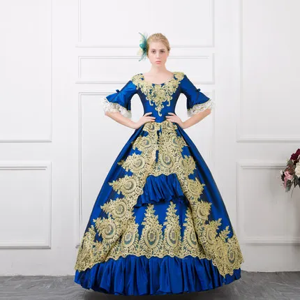 18-й век Королевский короткий рукав квадратный воротник золото вышитые Викторианский период вечерние платья Southern Belle представление платья - Цвет: As Picture