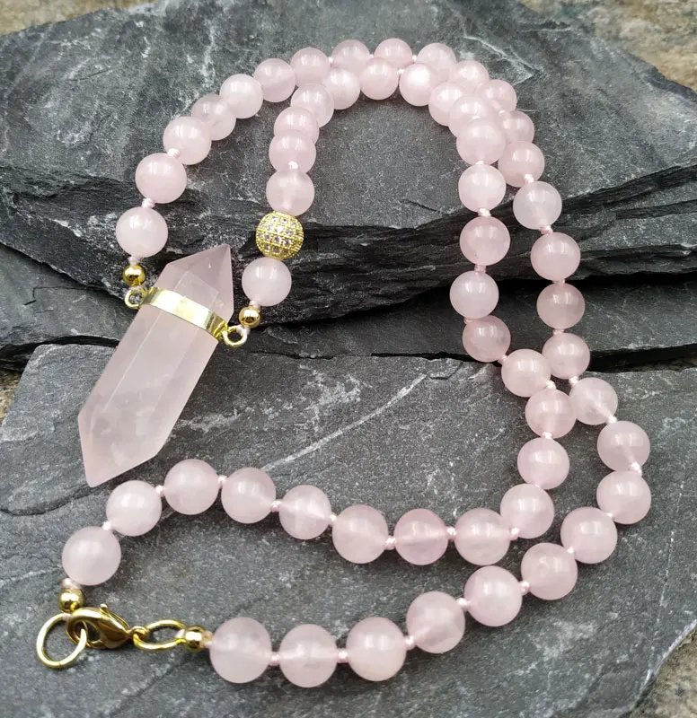 

Natural Rose Quartzs Point Pendant Rose Quartzs Beads Handcraft Choker Necklace 18inch long M0049