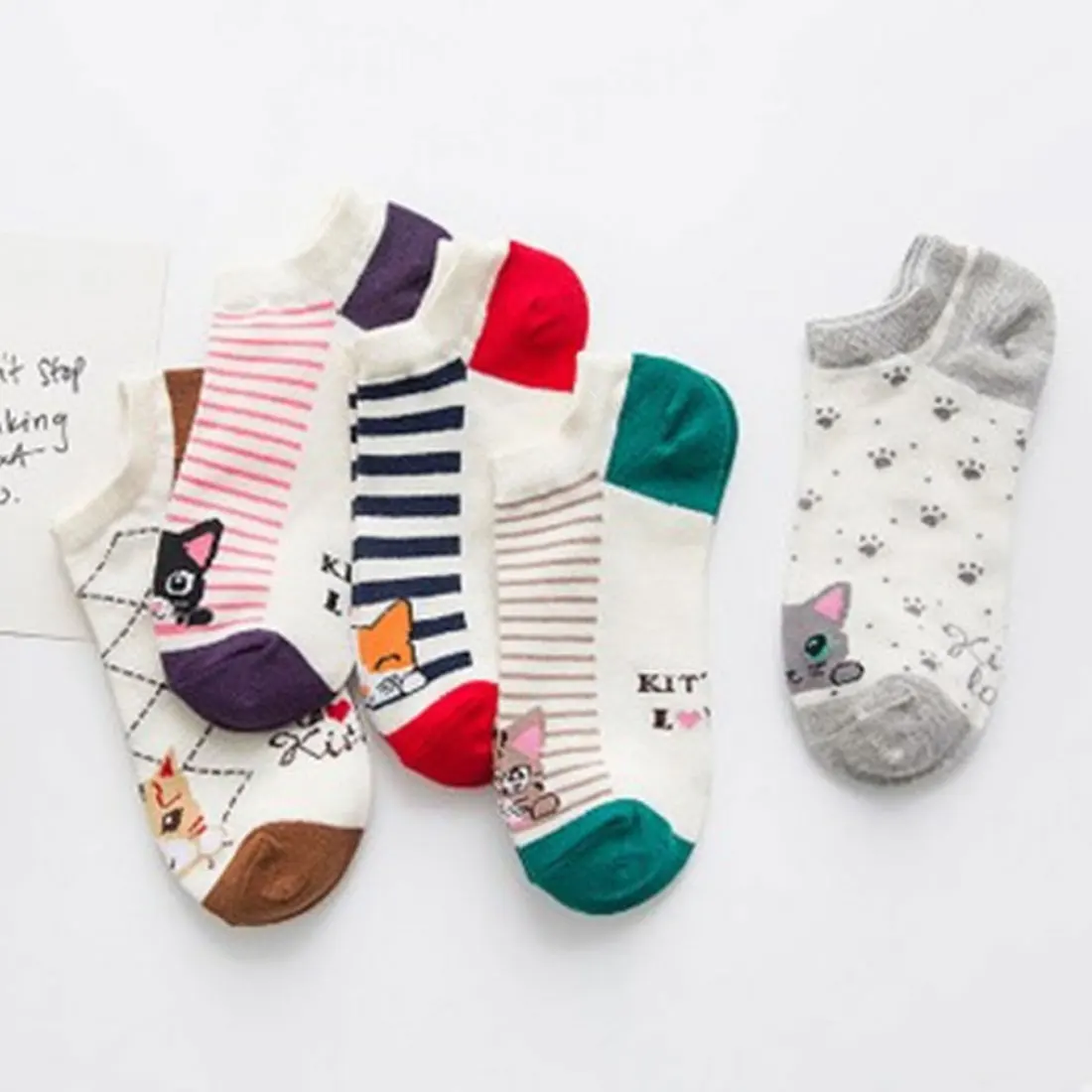 Очаровательный 5 пар/компл. Kawaii Для женщин носки с милым рисунком кота хлопковые полосатые носки для женщин и девушек;