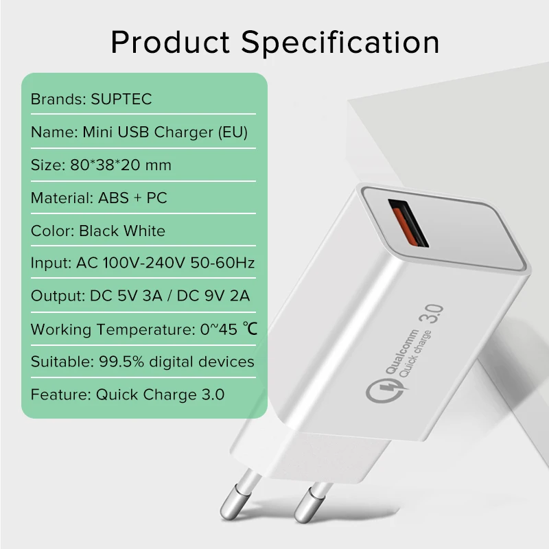 SUPTEC 18 Вт USB quick charge 3,0 5V 3A для Iphone 7 8 Plus X QC 3,0 зарядное устройство для телефона Xiaomi Mi8 Samsug s8 s9 huawei mate 20 pro