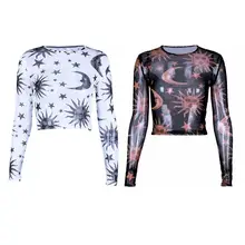 Womens Long Sleeves Sexy Sheer Mesh Crop Top Cartoon Sun Moon Star Printed Slim Pullover T-Shirt O-Neck Basic Clubwear clothes Womens Long Sleeves Sexy Sheer Mesh Crop Top Cartoon Sun Moon Star Printed Slim Pullover T-Shirt O-Neck Basic Clubwear clothes