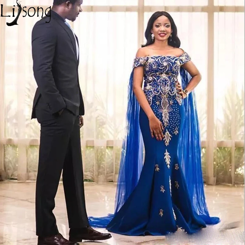 2019 New Arabic Mermaid Prom Dresses Off Shoulder Royal Blue Satin Lace Appliques With Cape Plus Size Pageant Dress Party Evening Gowns Wear 179