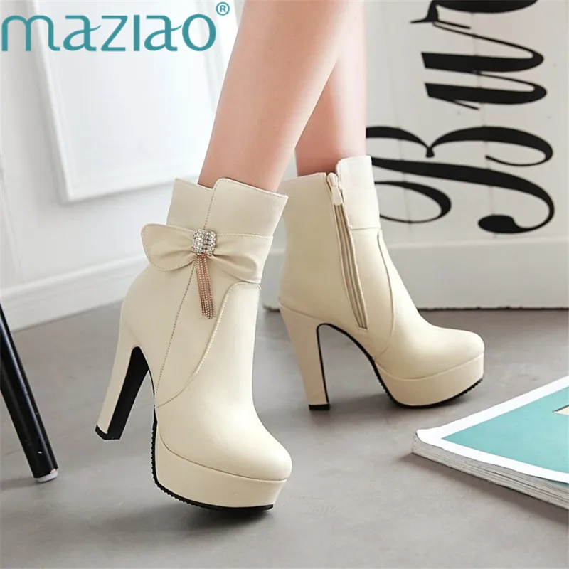 

Thick High Heels Booties Woman Platform Female Ankle Boot Side Zipper Round Toe Butterfly-knot Short Boots MAZIAO