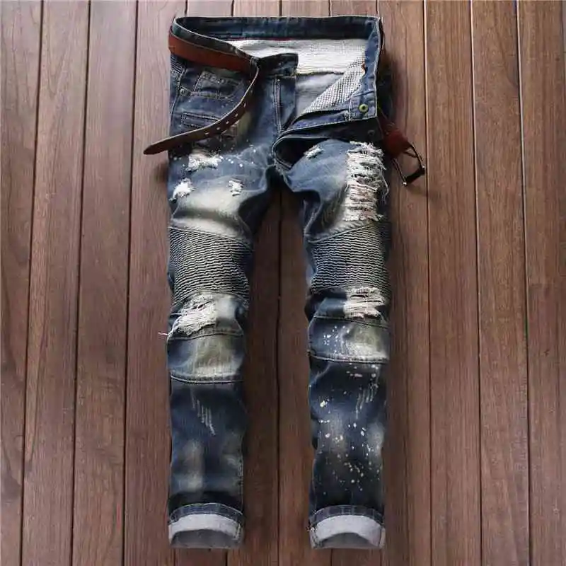 

#3259 2016 Mens distressed jeans Fashion Patches Ripped jeans for men Denim biker jeans homme Hip hop jeans Motorcycle pants