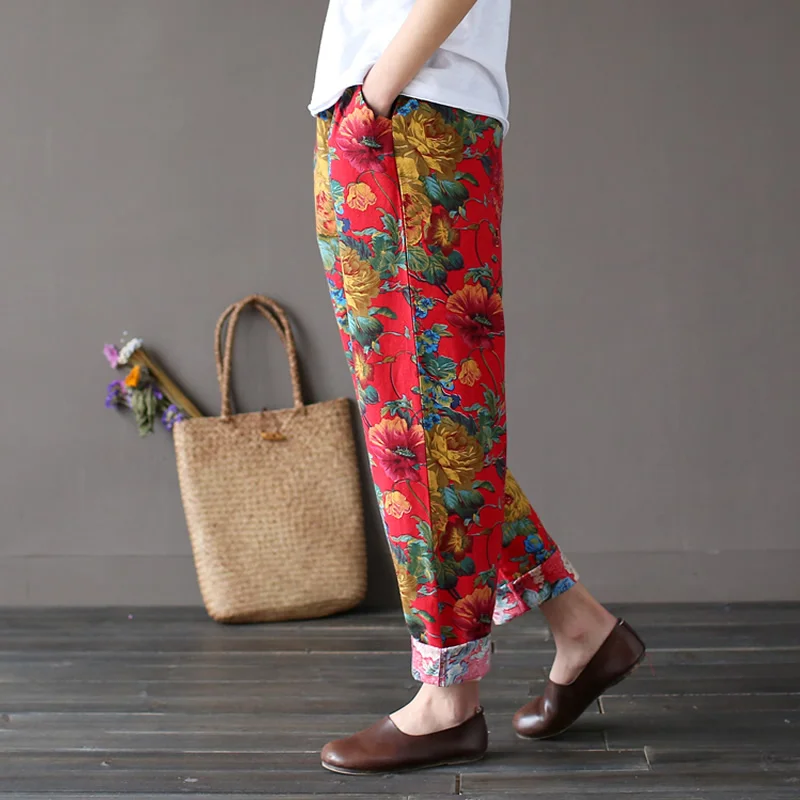 Red Flower Print Elastic waist Women Pants Loose Casual Summer Harem