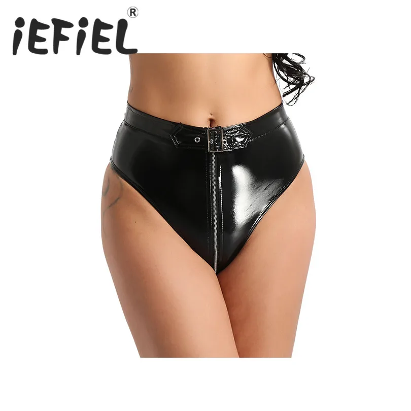 

Fashion Women Female Lingerie Triangle Panties Wet Look PVC High Cut Front Zippered with Belt Briefs Underwear for Nightwear
