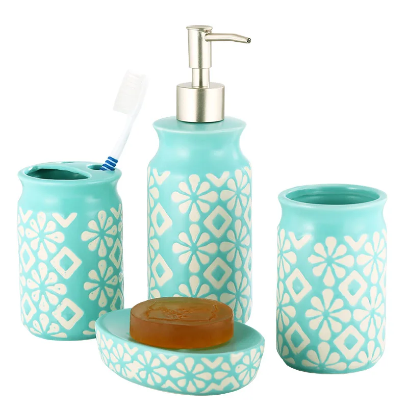 Керамические принадлежности для ванной комнаты Набор для ванной(4 шт.) кружка чашка, синий цветочный узор