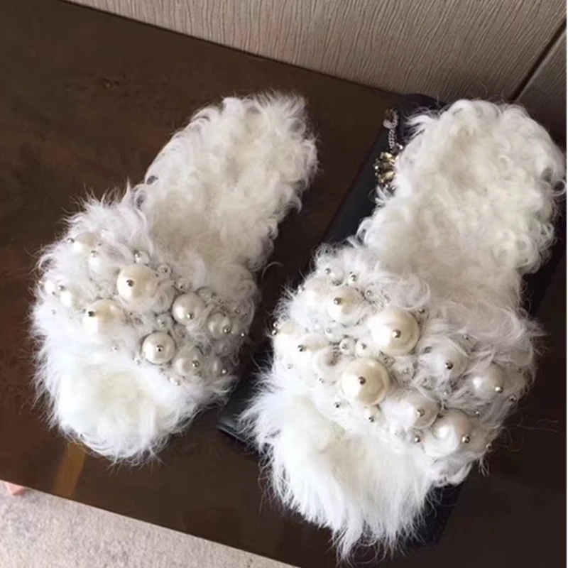 

2018 Black White Women Winter Slipper Fashion Fur Pearl Women Casual Flats Shoes Platform Open Toe Casual Slipper Shoes Woman