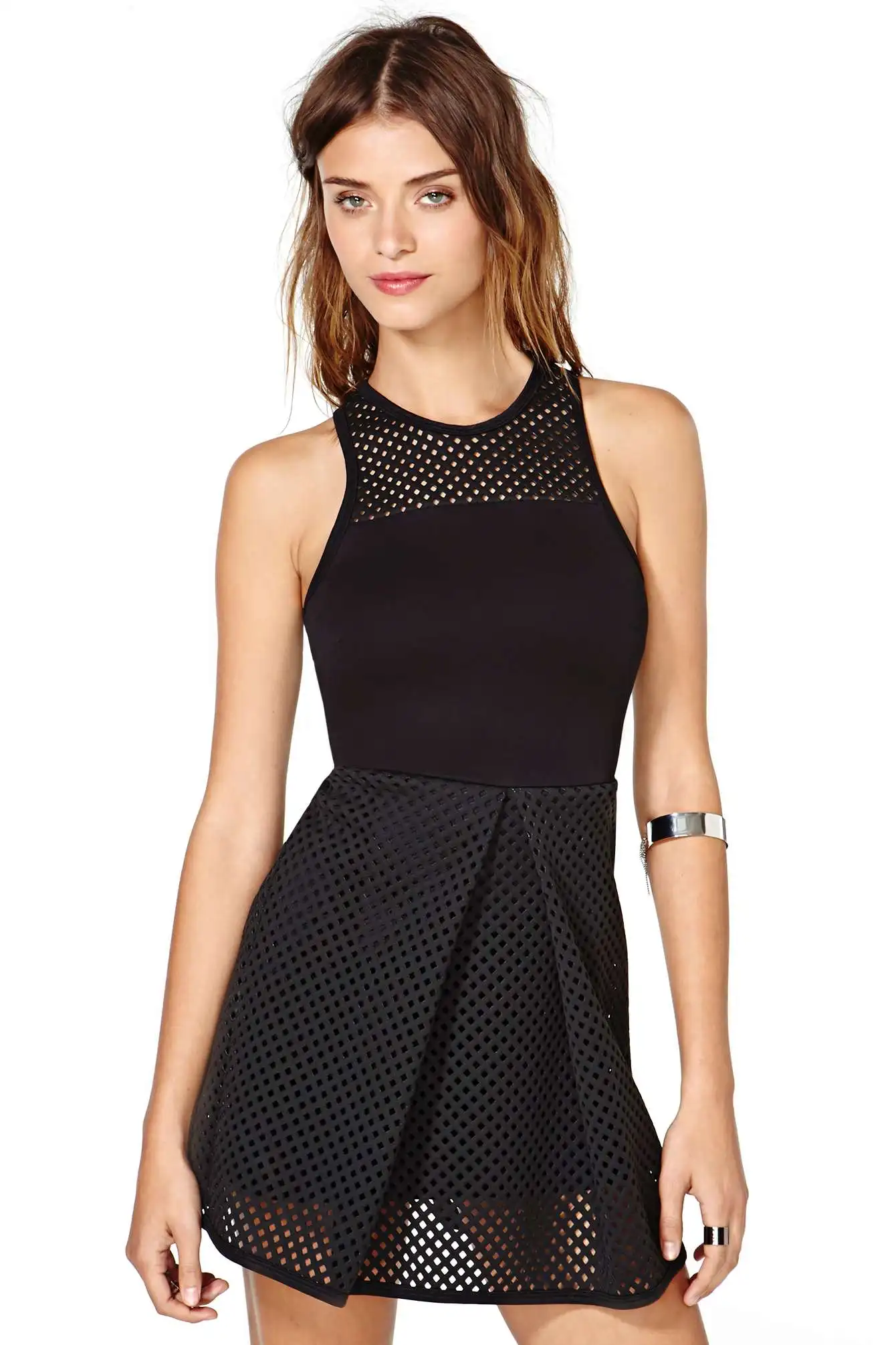 LA17982 Fast Delivery Black Party Evening Mini Dress M L Size Grid Mesh