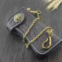 Винтажный ручной работы байкер длинный кожаный оснастки резной кошелек с латунной цепочкой