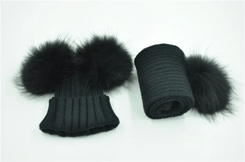 Bonnet et Écharpe Double Pom Pom de fourrure, Bonnets Enfants d'hiver