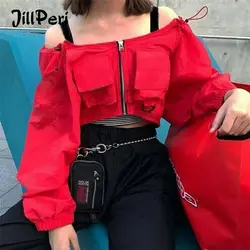 JillPeri Мода Карманы Растениеводство Топ с длинным рукавом с плеча Твердые Red Club Street Wear пикантные повседневные наряд Рубашки с коротким