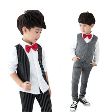 Деловой костюм в полоску для мальчиков из 3 предметов Брендовое платье с цветочным принтом для мальчиков года, рубашка с галстуком-бабочкой, костюм с жилетом для маленьких мальчиков YC172