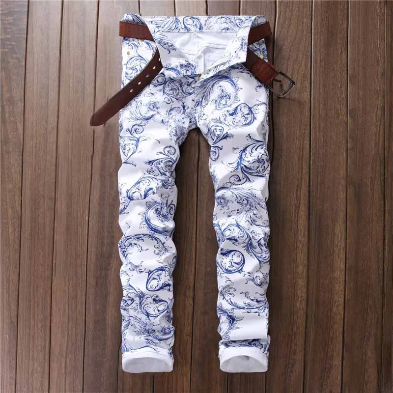 Newsosoo Fashion Men's Painted Jeans Pants Slim Fit Stretch Denim Trousers Floral White Design Men Jeans Joggers (4)