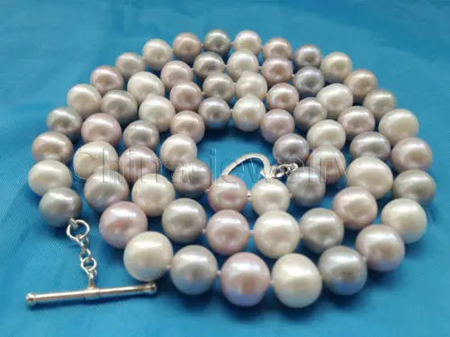 

FREE SHIPPING *******AAA 30 " 10mm white gray purple round freshwater pearl necklace - silver clasp (A0513)
