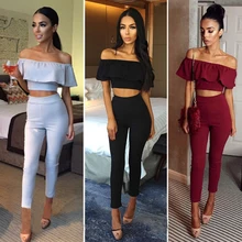 Sexy Off Shoulder 2 Piece Set Long Jumpsuit Slim Ruffles Bodycon Femme Overalls Playsuit Romper Women Jumpsuit