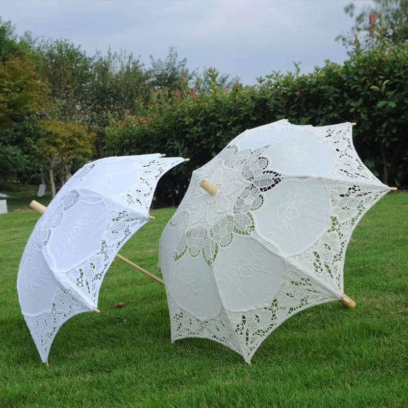 New European White/Ivory Lace Umbrella DIY Production Sun Parasol Bride Umbrella With 8 Ribs Wood Handle Wedding Decorations S L