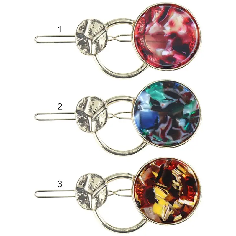 

Women Hair Clip Vintage Metal Alloy Frog Pin Colored Acetic Acid Jewelry Circle Ring Geometric Styling Side Bangs Barrette
