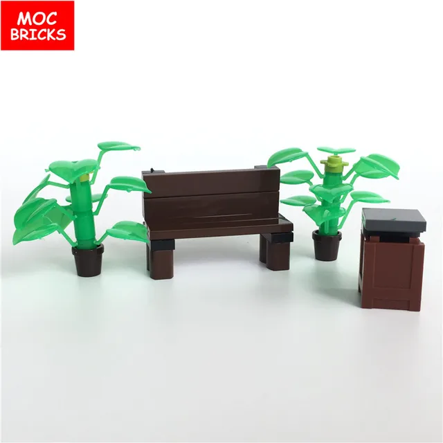 moc bricks diy park stoel plant pot prullenbak container action