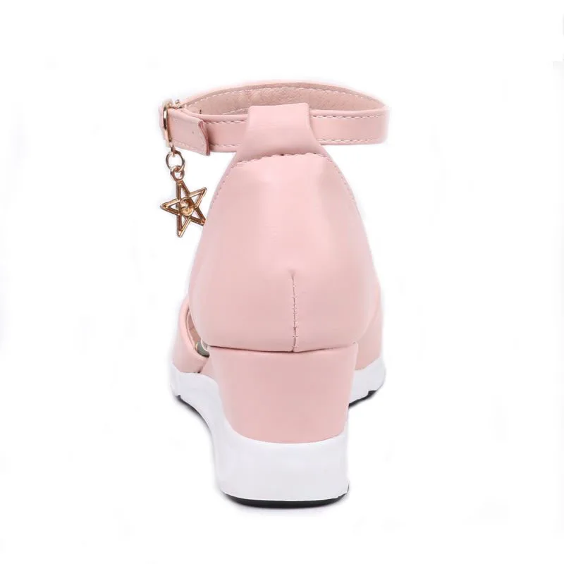 RizaBina Office Lady Wedges Sandals Ankle Strap Pointed Tie Solid Color Wedges Sandals Summer Vacation Women Shoes Size 33-40