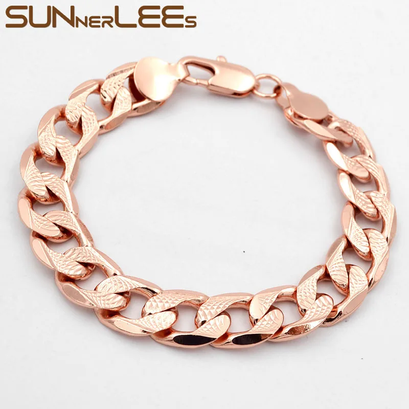 

SUNNERLEES Fashion Jewelry Rose Gold Color Bracelet 12mm Embossed Curb Cuban Chain For Mens Womens Gift C72 B