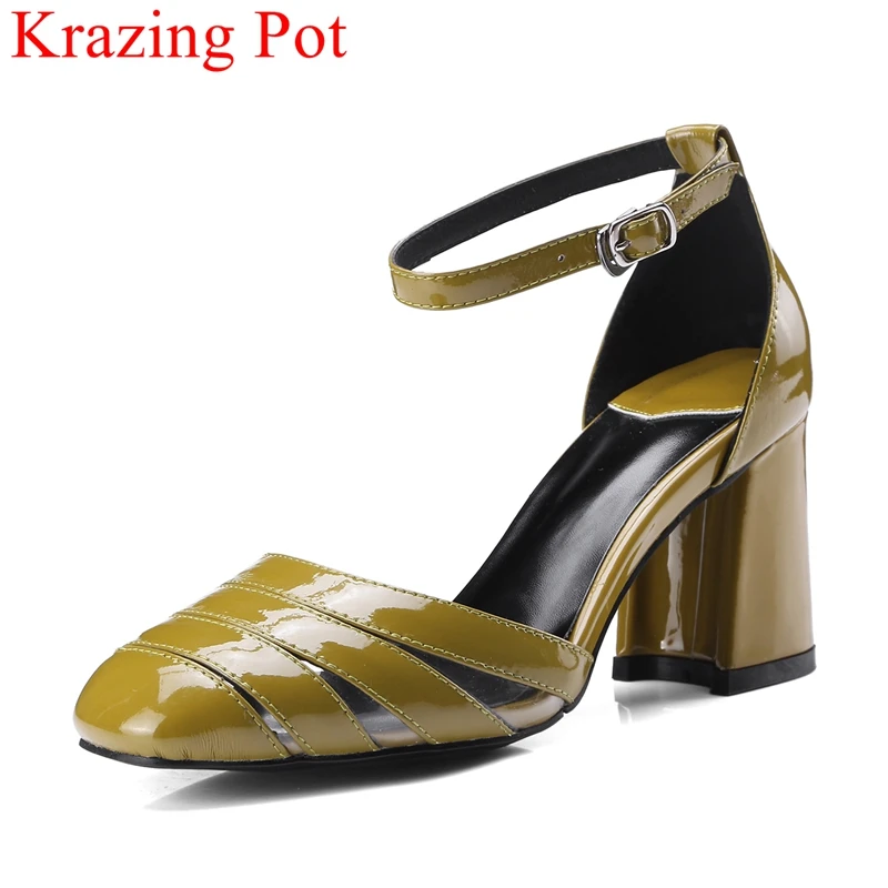 

2018 new arrival big size patent leather buckle strap shallow square heel women pumps elegant solid office lady summer shoes L22