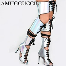 Новинка, большие размеры 35-52, серебристые, на шнуровке, на молнии, модные, сексуальные, на высоком каблуке, весна-лето, для девушек и женщин, женские ботинки, X1806