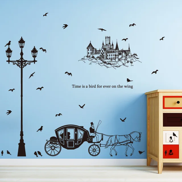 Black Street Lamp Carriage Castle Birds Silhouette Wall Stickers Black Street Lamp Carriage Castle Birds Silhouette Wall Stickers Living Room Decorative Vinyl Diy Removable Decals Mural
